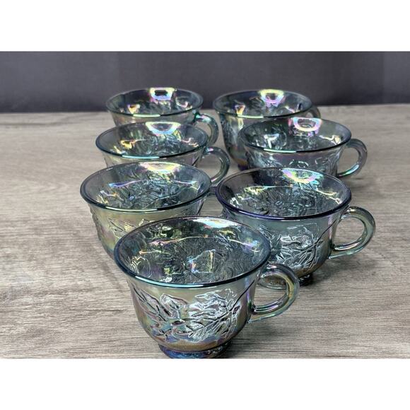 Set of 7 Vintage Indiana Carnival Glass Punch Cup Iridescent Blue Harvest Grape - Picture 2 of 6